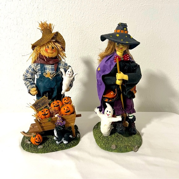 13-inch Halloween Fabric Witch and Scarecrow Combo Figure Set Missing 2 Bumpkins - Picture 1 of 9